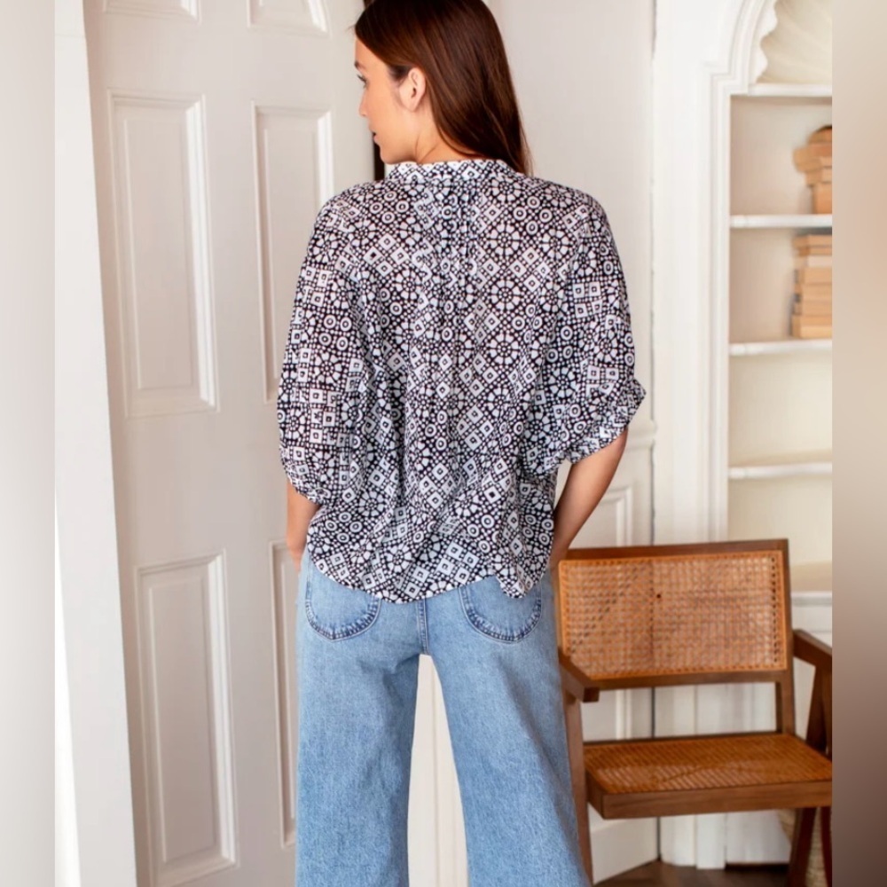 Emerson Fry Mandarin Collar Top, Daisy Check, Black/White, Button Down Front, OS - Picture 8 of 16